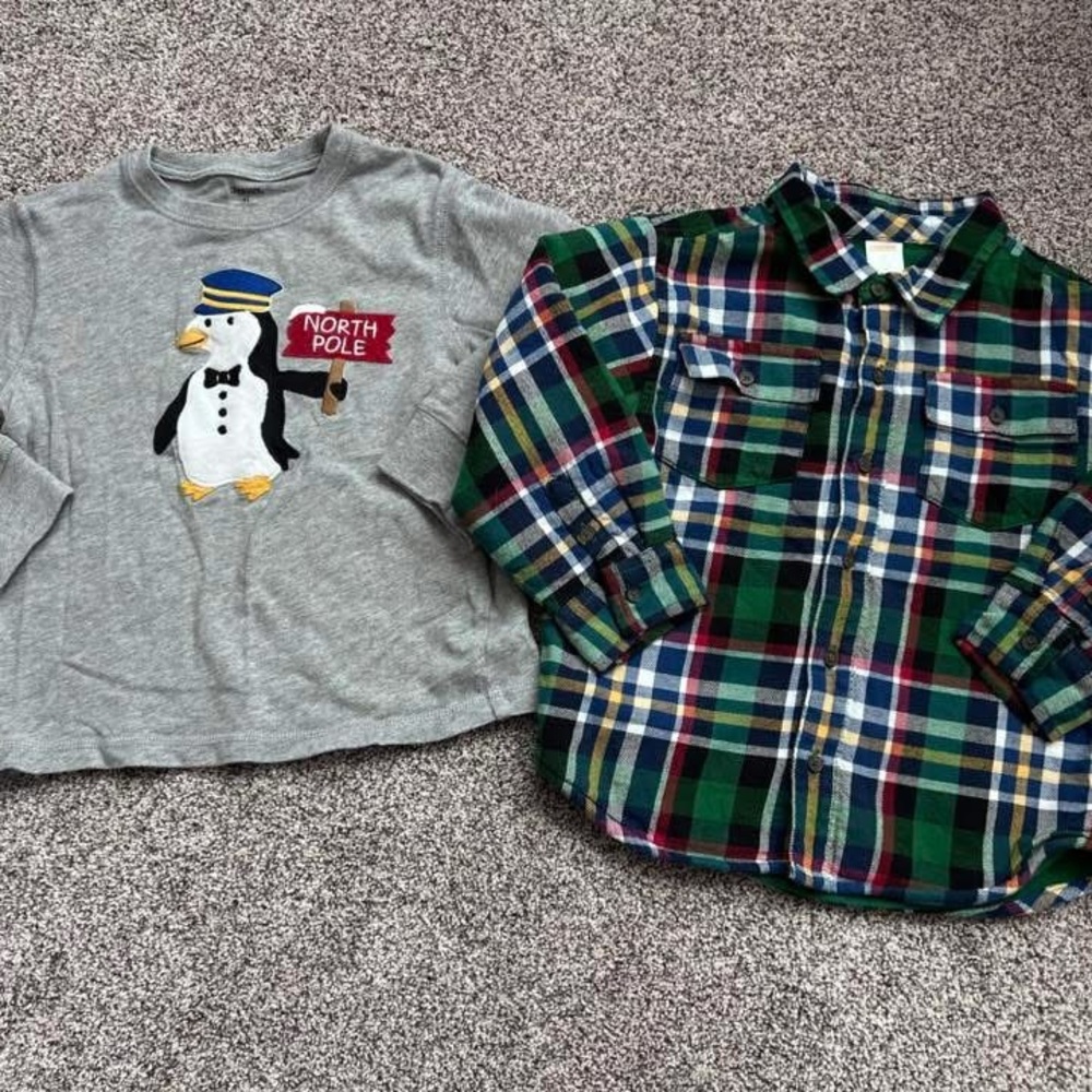 Gray Penguin Graphic Tee and Plaid Button-Up Shirt flannel